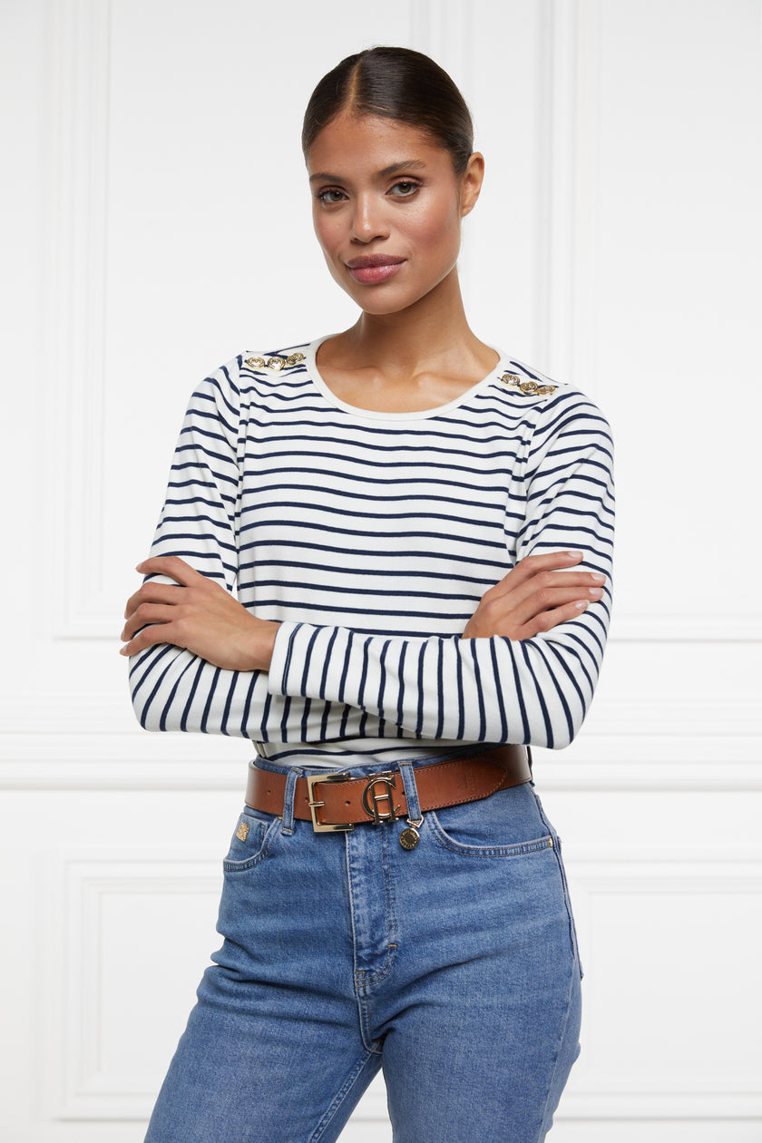 Padstow Long Sleeve Crew Neck Tee (Natural Ink Navy Stripe)