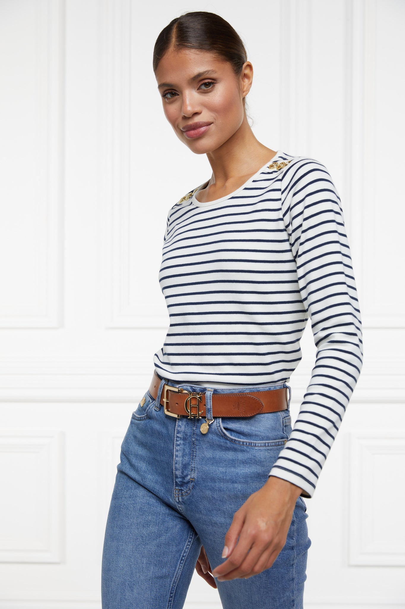 Padstow Long Sleeve Crew Neck Tee (Natural Ink Navy Stripe)