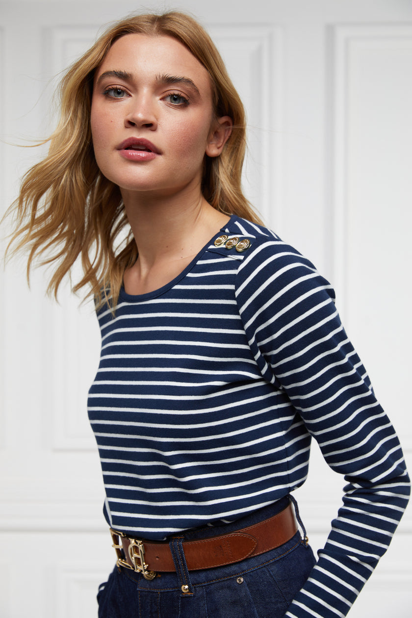 Padstow Long Sleeve Crew Neck Tee (Ink Navy Natural Stripe)