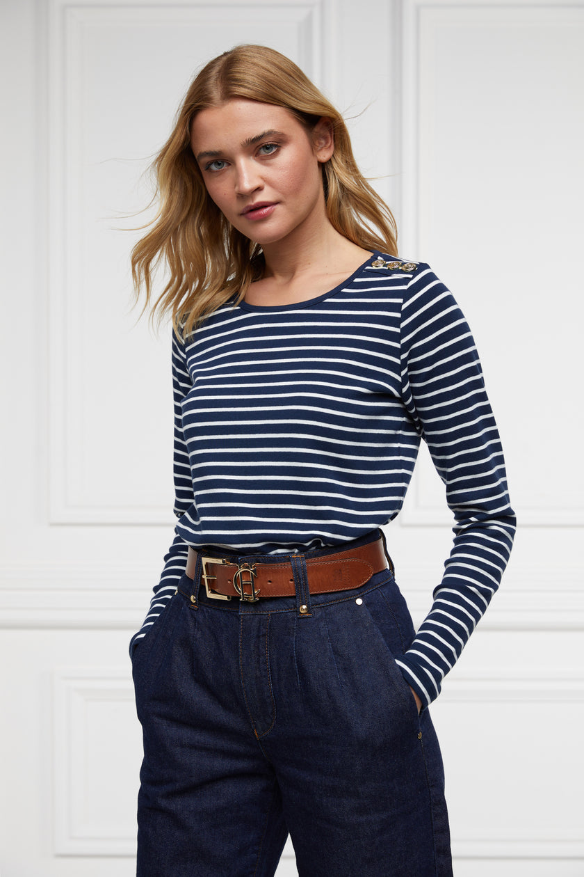 Padstow Long Sleeve Crew Neck Tee (Ink Navy Natural Stripe)