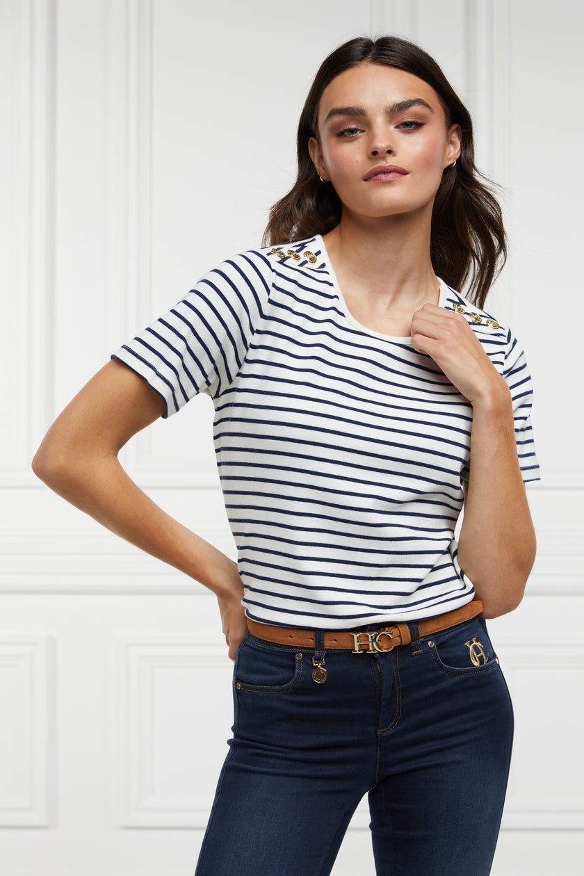 Padstow Crew Neck Tee (Natural Ink Navy Stripe)