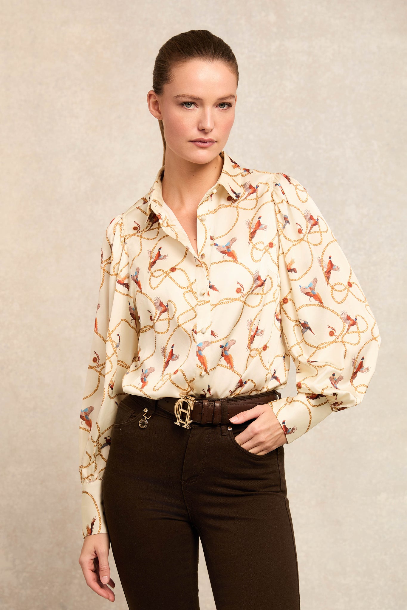 Isla Satin Shirt (Off White Pheasant)