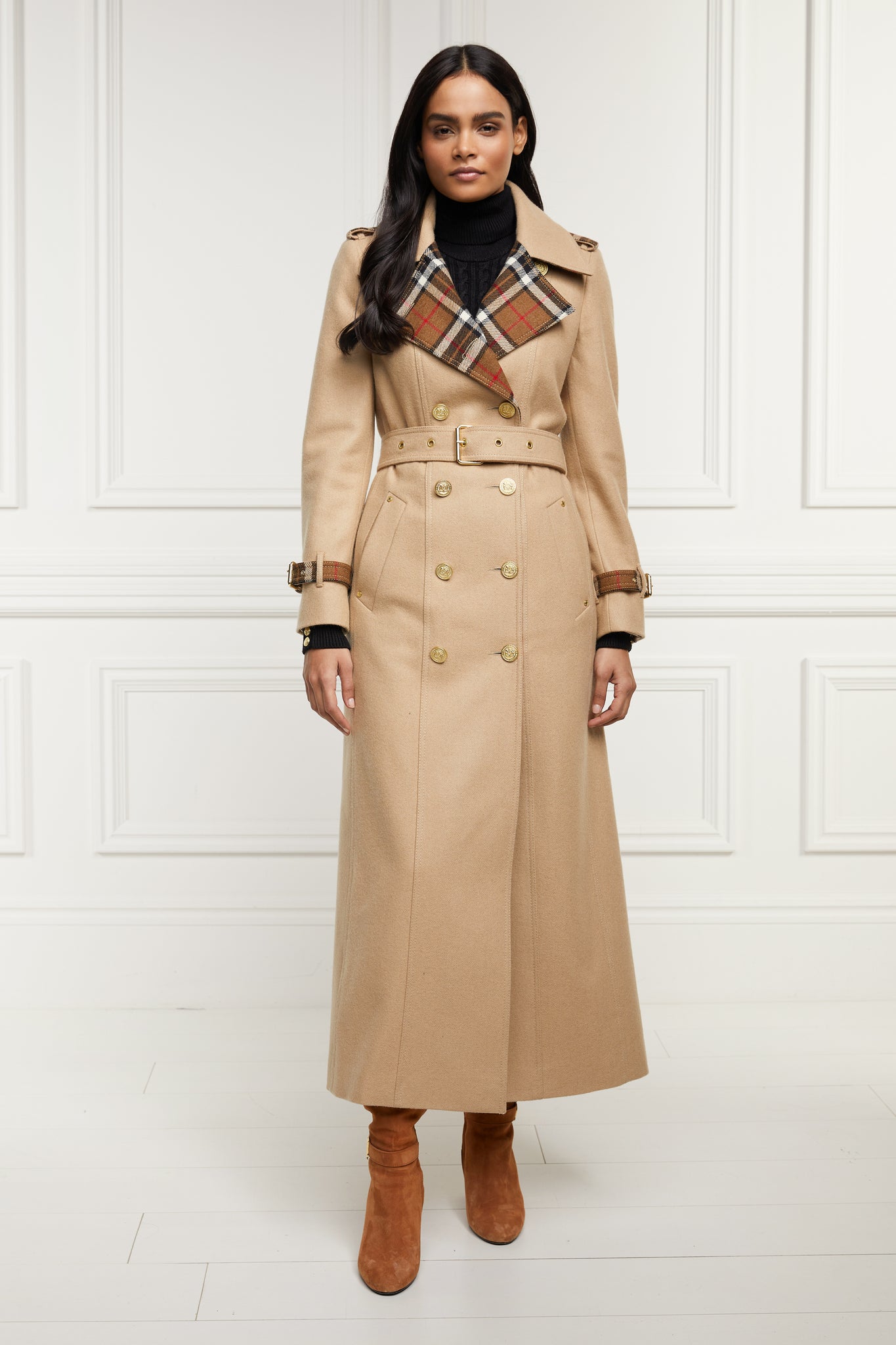 womens camel and brown check wool double breasted trench coat