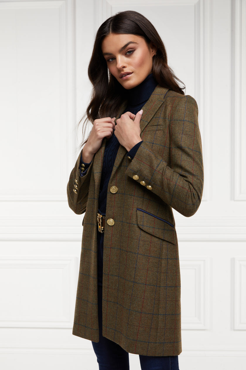 womens dark green and navy tweed mid-length single breasted coat detailed with gold hardware