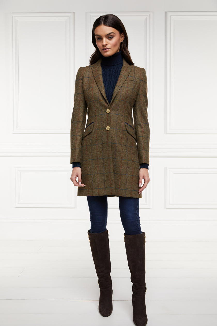 womens dark green and navy tweed mid-length single breasted coat detailed with gold hardware