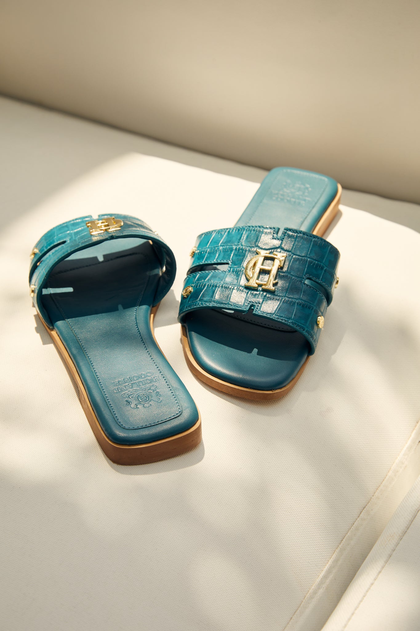 Monogram Slides (Teal Croc)