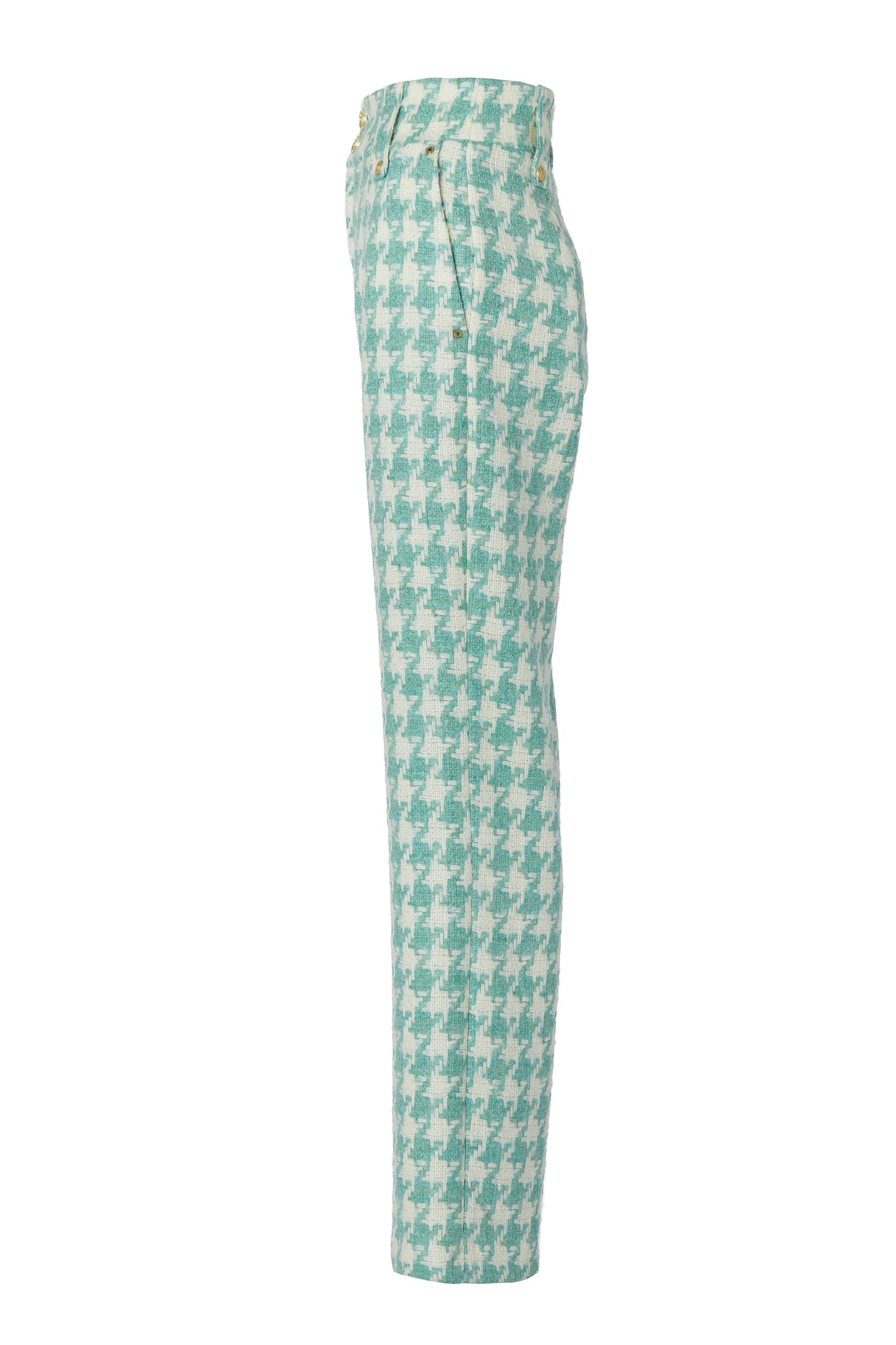 High Waisted Straight Trouser (Large Scale Teal Houndstooth)