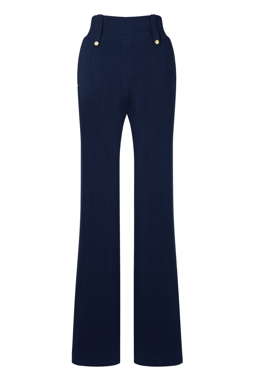 High Waisted Straight Trouser (Navy Linen)