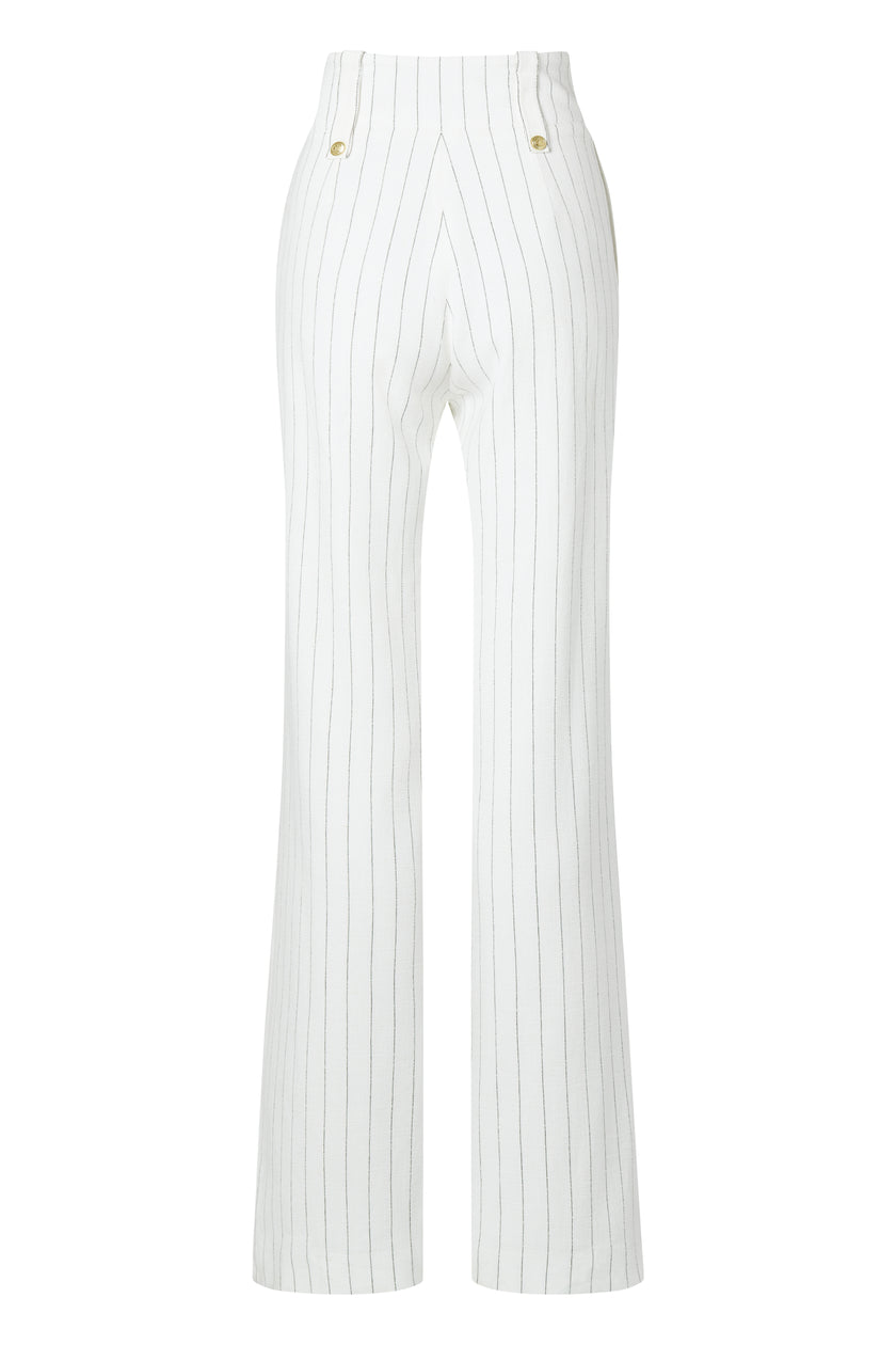 High Waisted Straight Trouser (Oyster Linen Pinstripe)