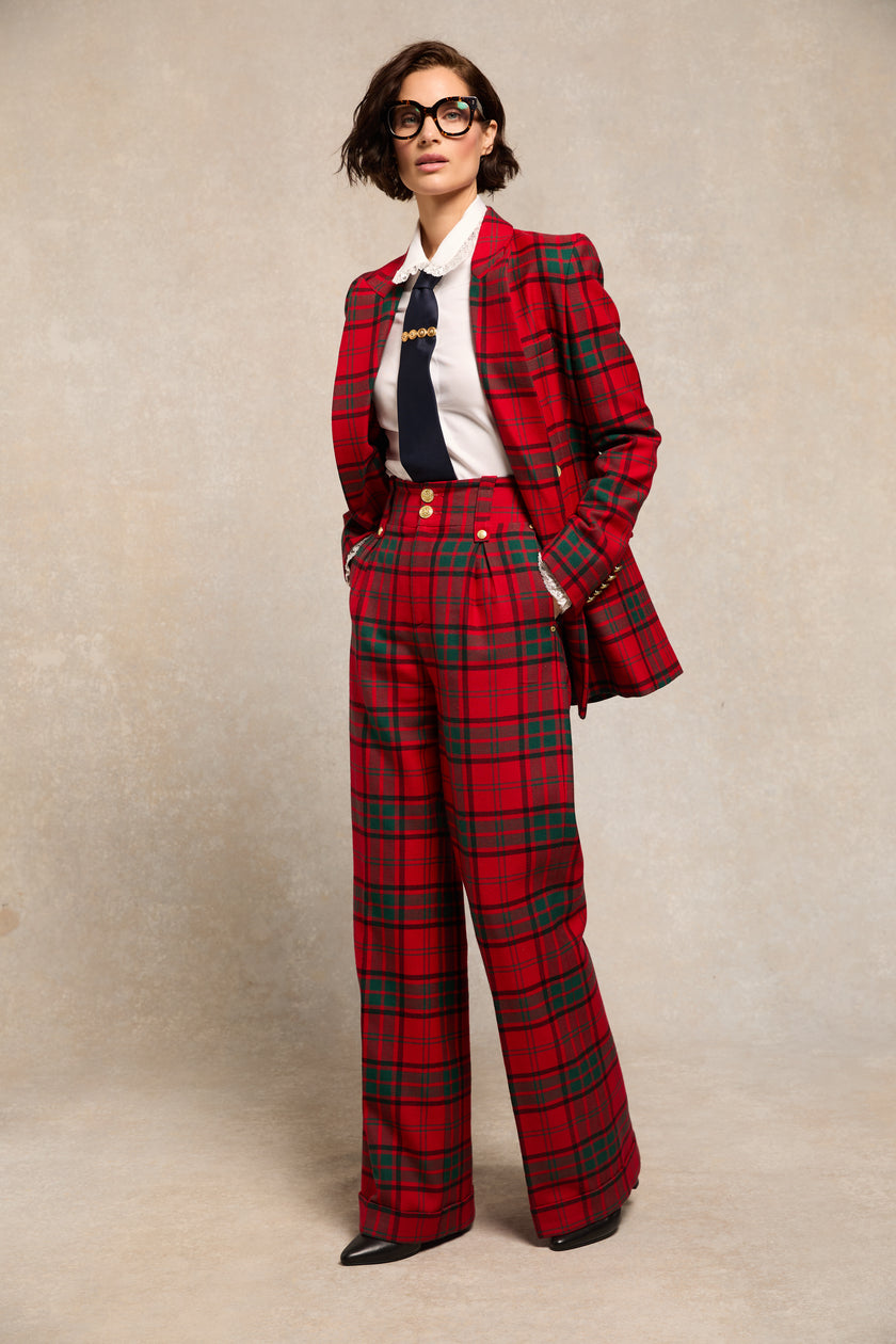 High Waisted Wide Leg Trouser (Red Tartan)