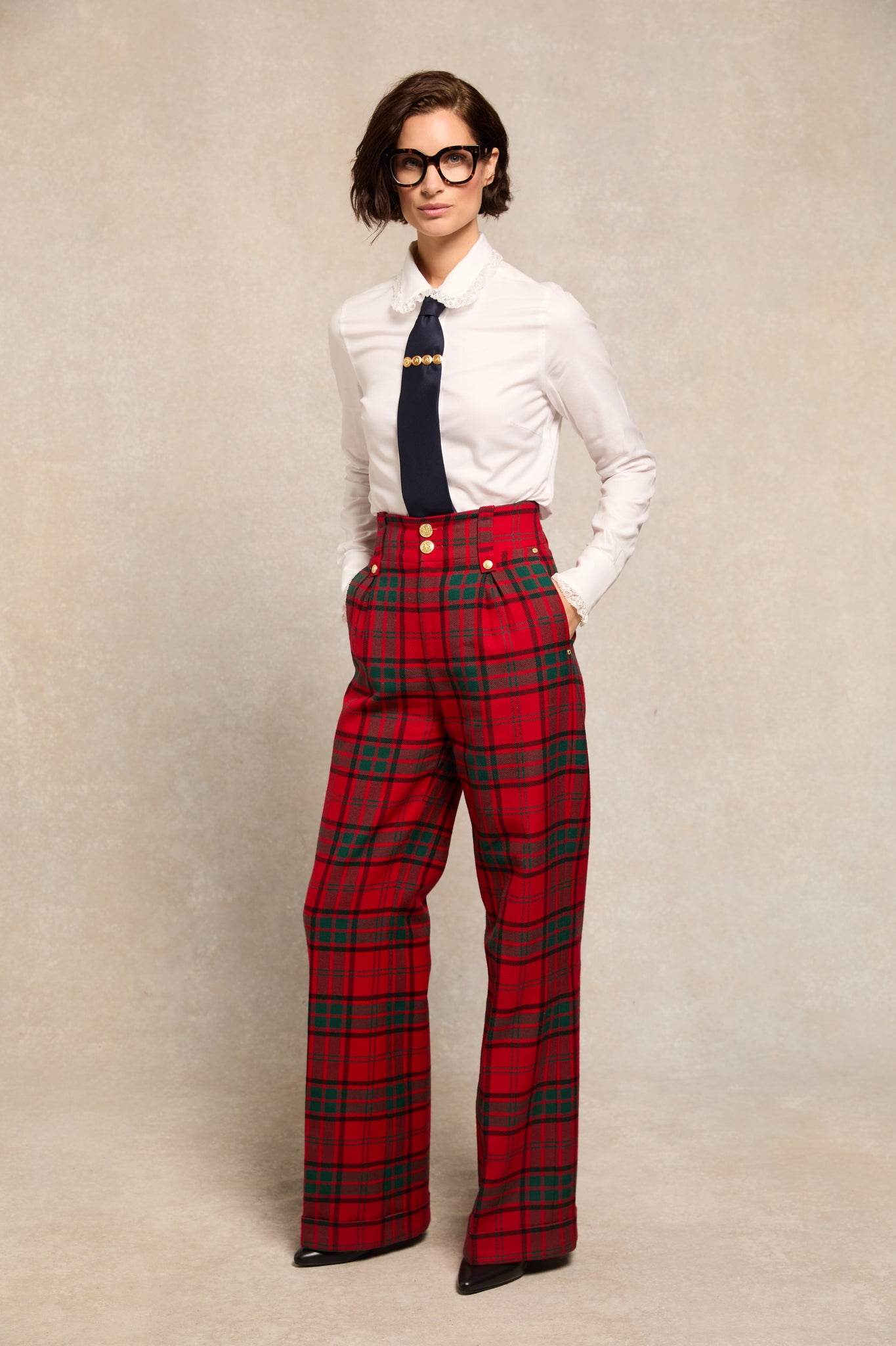 High Waisted Wide Leg Trouser (Red Tartan)