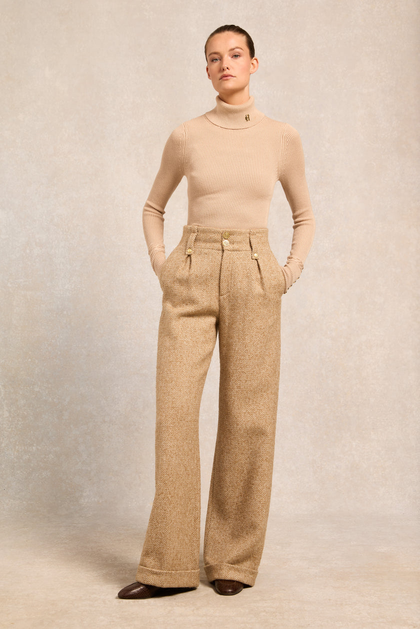 High Waisted Wide Leg Trouser (Toffee Herringbone)