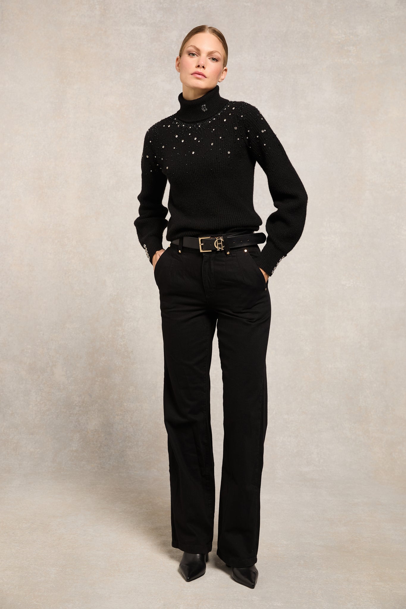 Kelsie Rib Embellished Roll Neck (Black)