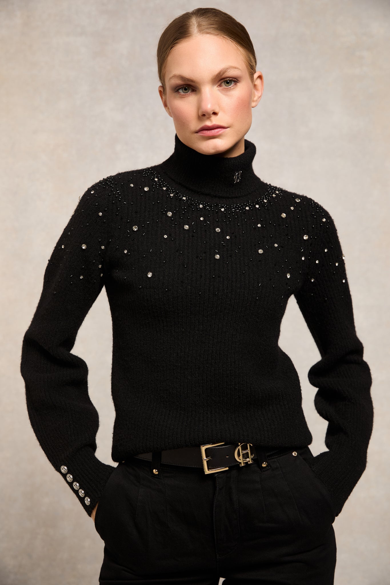 Kelsie Rib Embellished Roll Neck (Black)