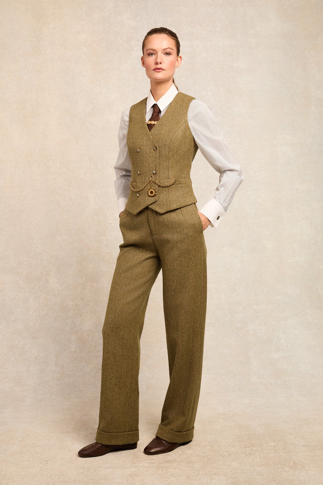 High Waisted Wide Leg Trouser (Moss Herringbone)