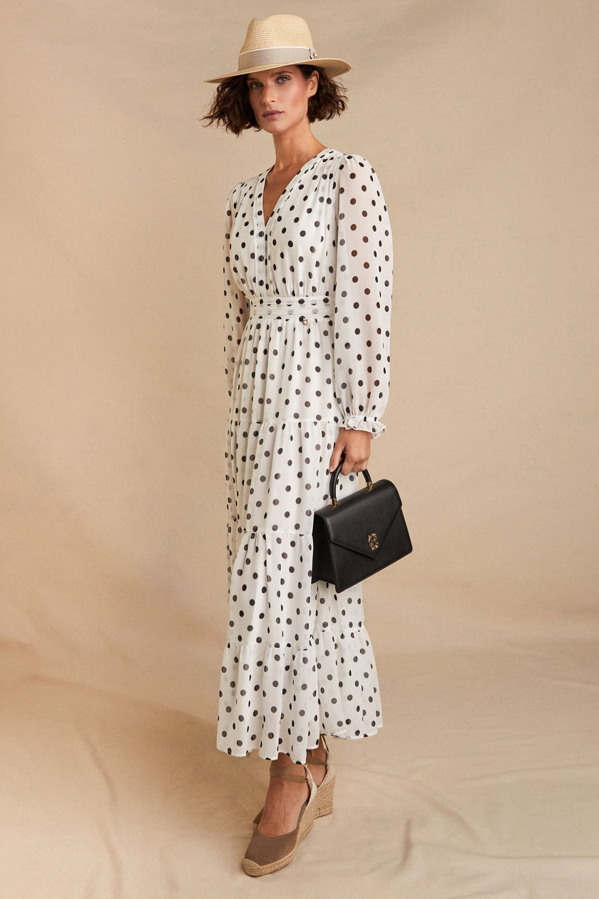 Bella Tiered Maxi Dress (White Black Polka Dot)