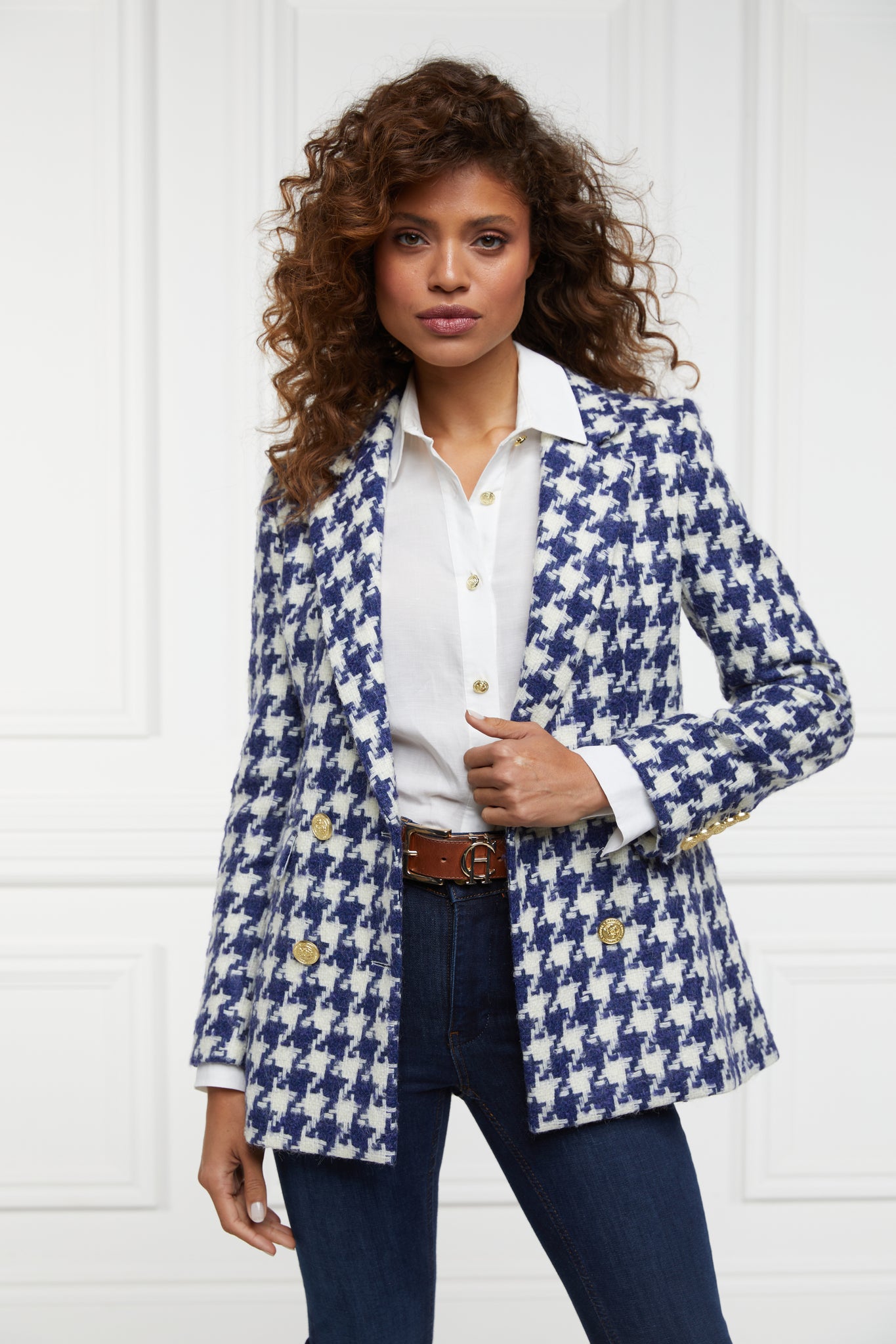 Double Breasted Blazer (Large Scale Navy Houndstooth)