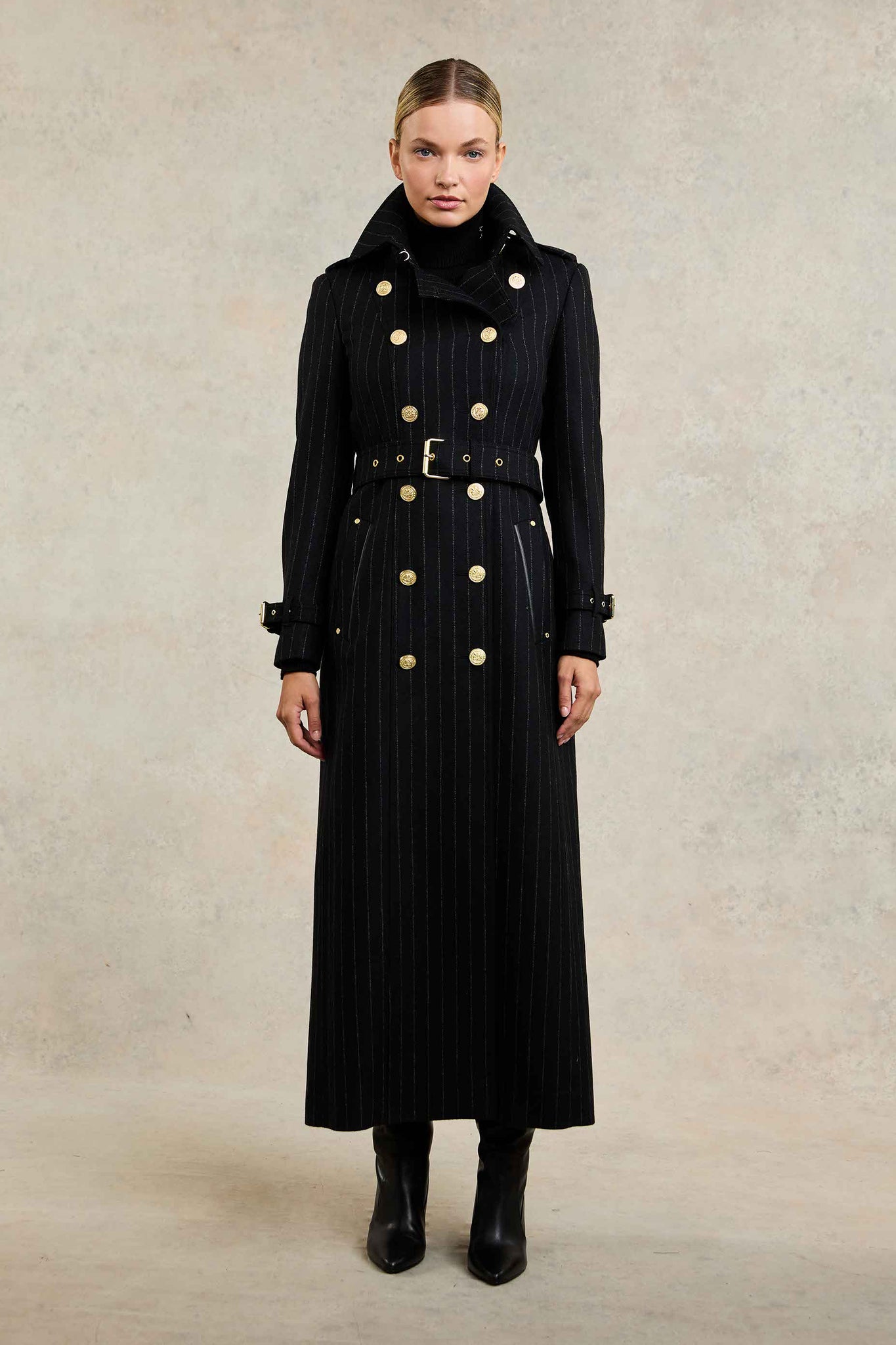 Full Length Marlborough Trench Coat (Black Pinstripe)