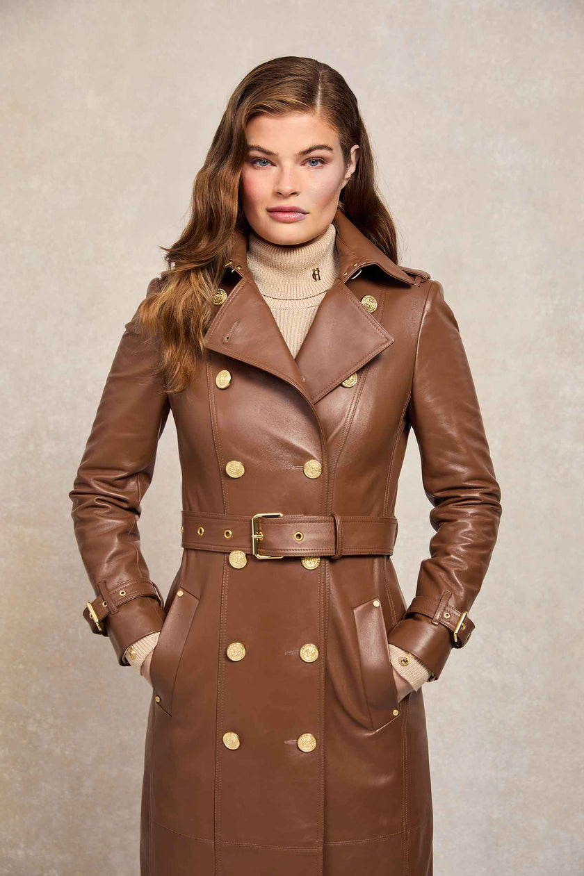 Full Length Marlborough Trench Coat (Valencia Leather Cognac)