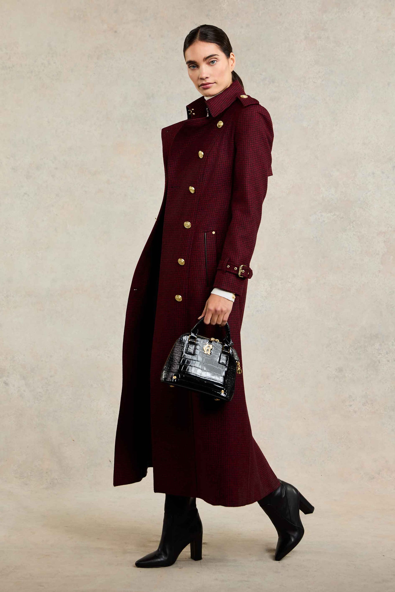 Full Length Marlborough Trench Coat (Red Houndstooth)