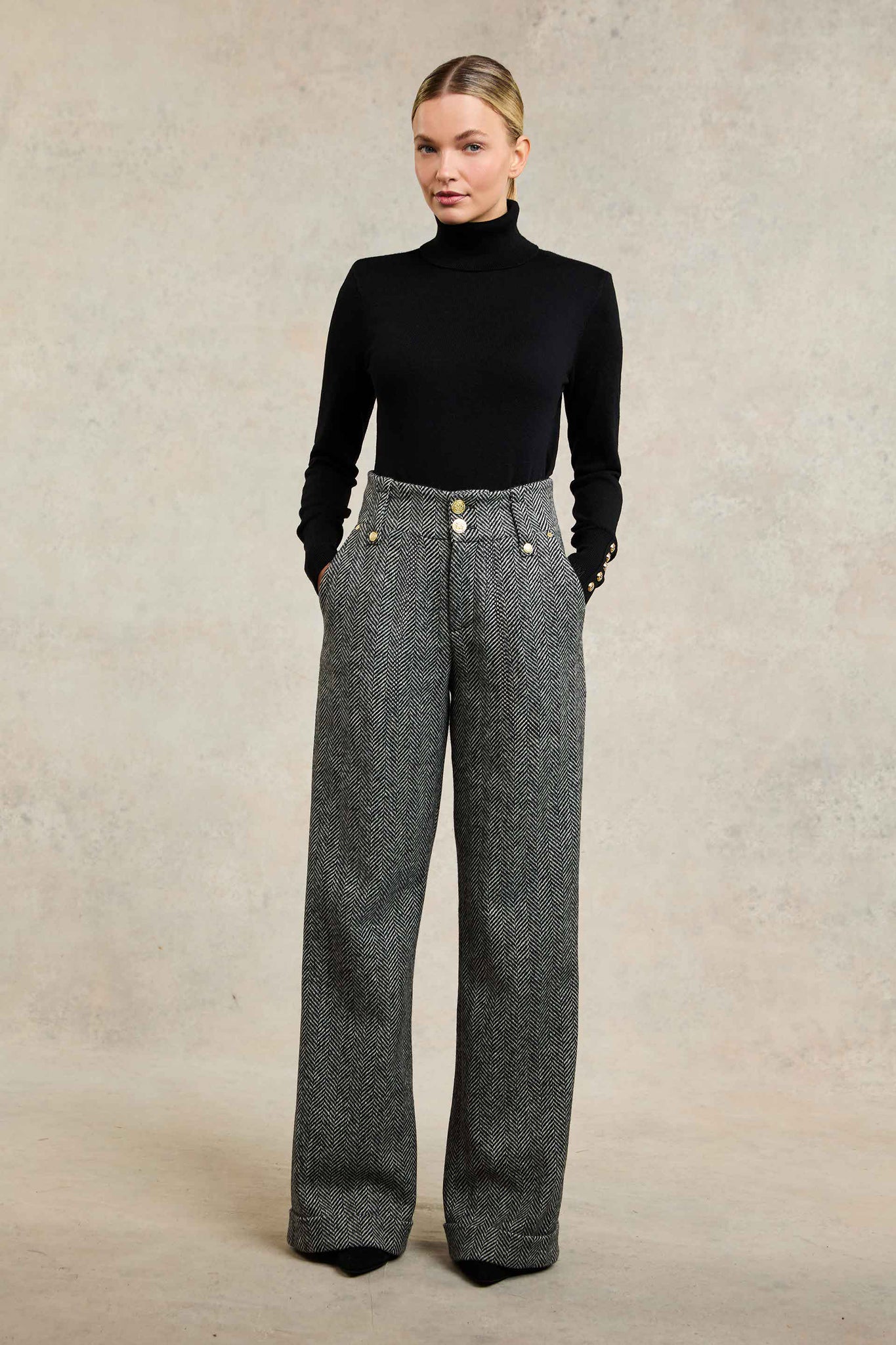 High Waisted Wide Leg Trouser (Wide Tooth Black Herringbone)