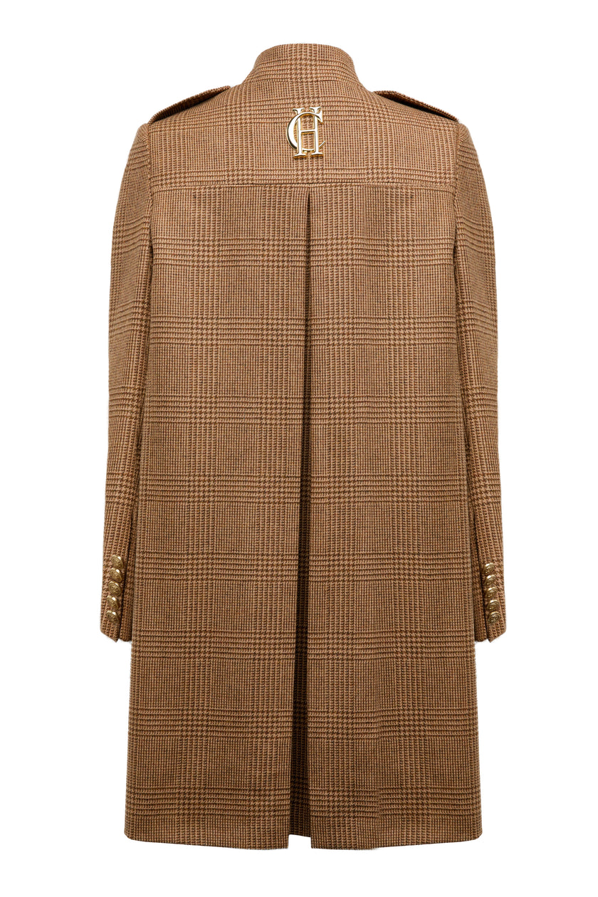 back of Womens light brown prince of wales front buttoned tweed cape coat