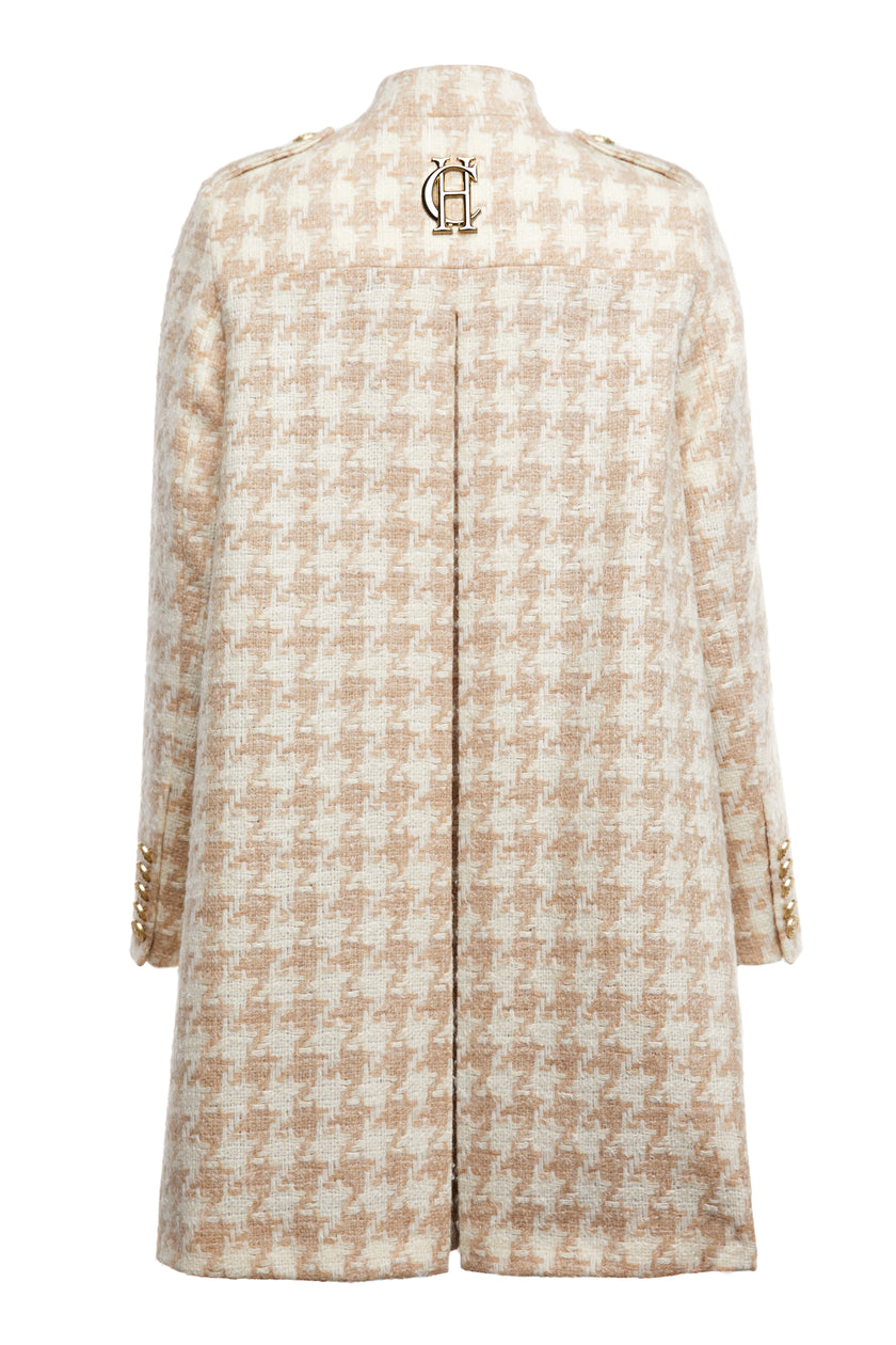 Back of Womens camel and cream large scale houndstooth cape coat