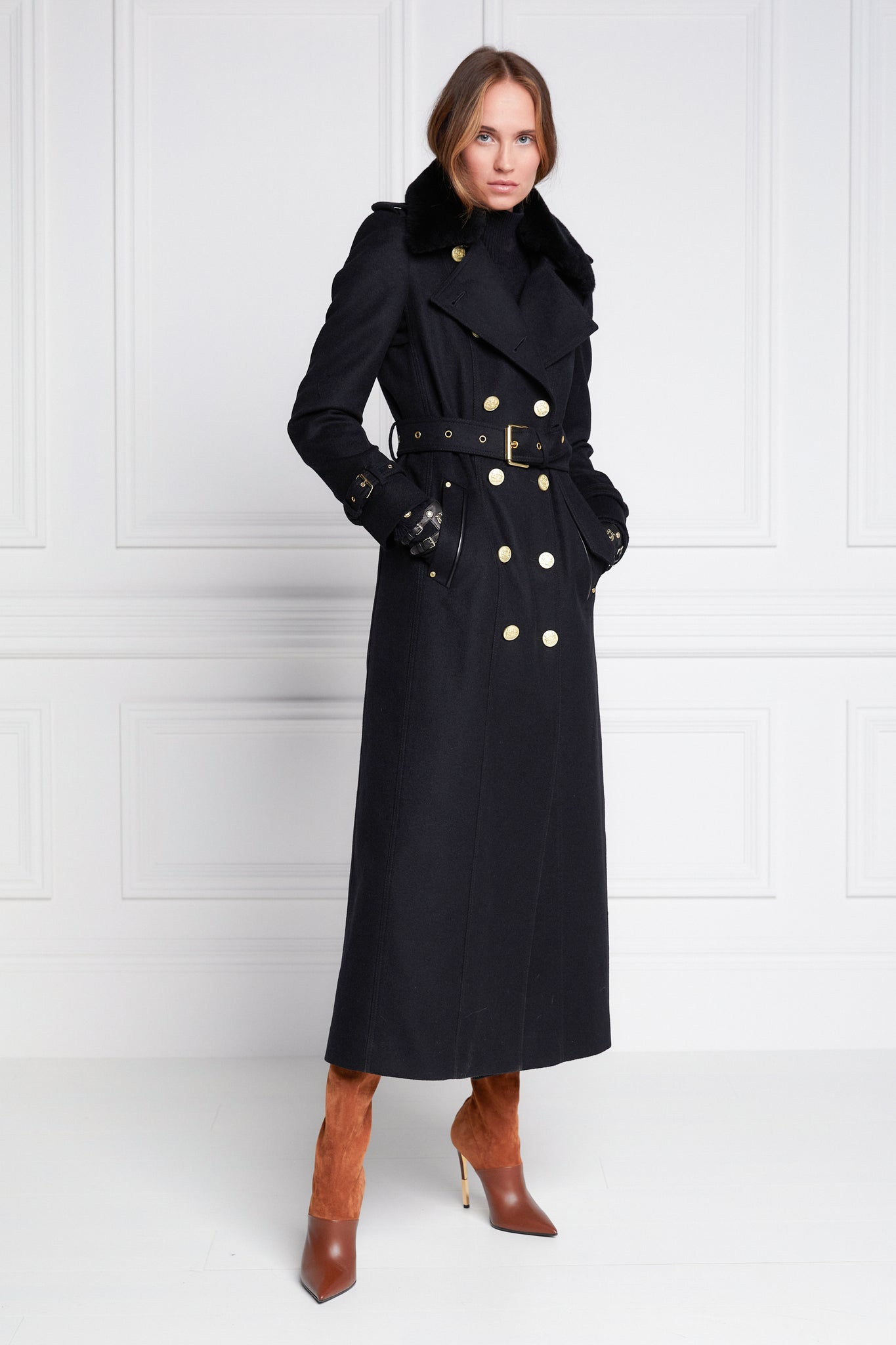 womens black wool double breasted full length trench coat with black faux fur collar