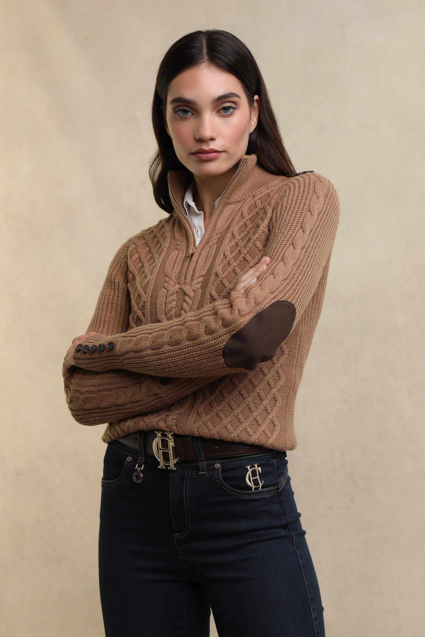 Country Cable Quarter Zip Knit (Caramel)