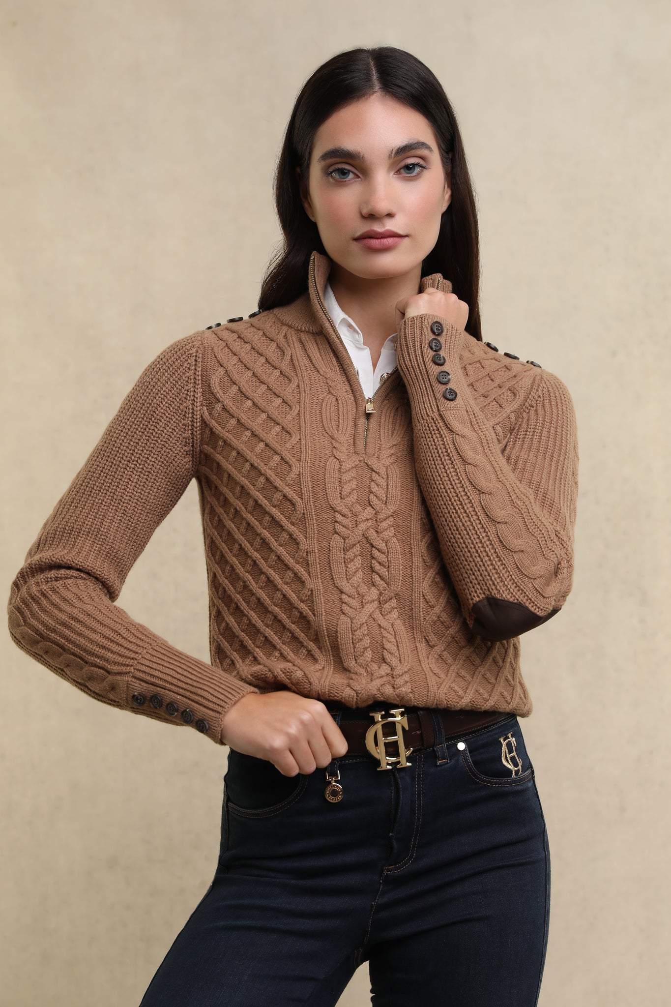 Country Cable Quarter Zip Knit (Caramel)