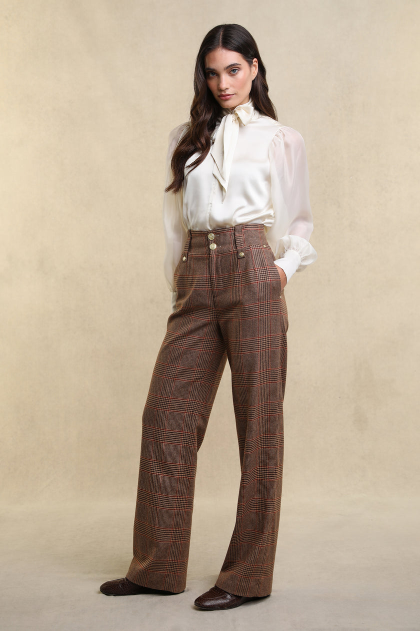 High Waisted Straight Trouser (Clarence Check Merlot)