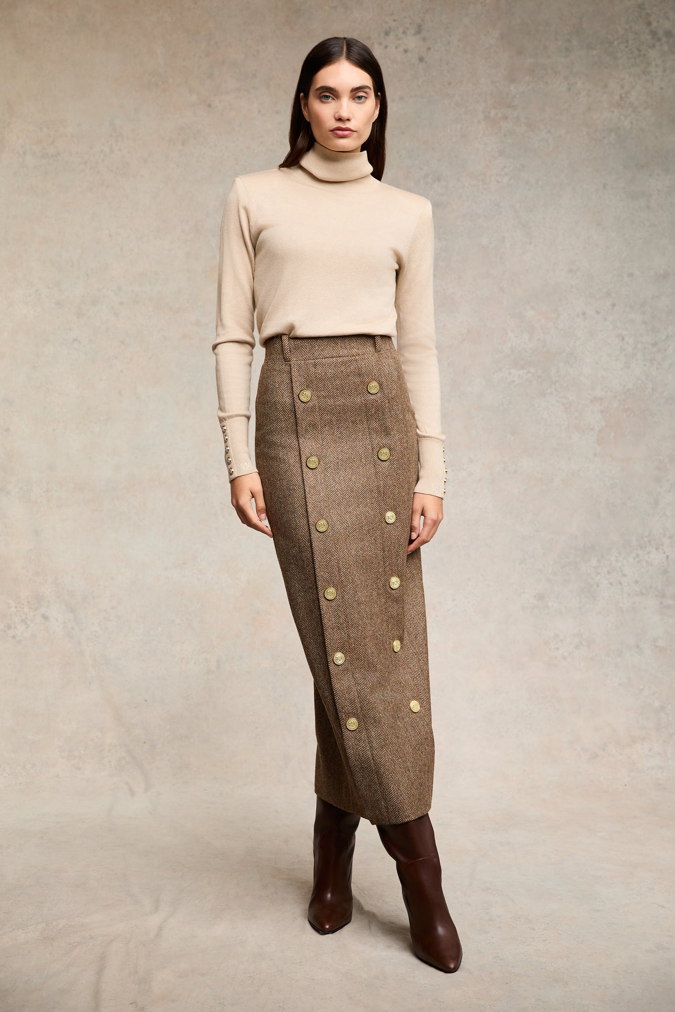 Knightsbridge Maxi Skirt (Large Scale Brown Herringbone)