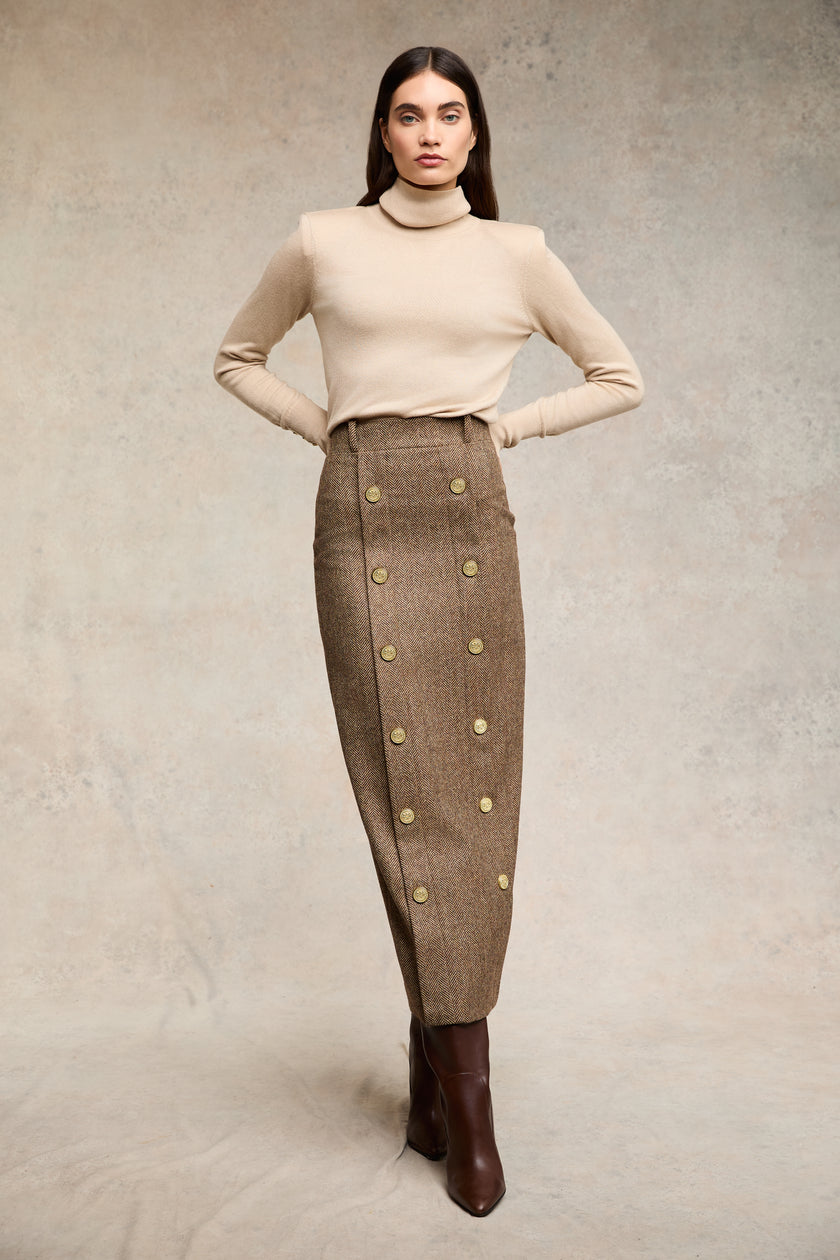 Knightsbridge Maxi Skirt (Large Scale Brown Herringbone)