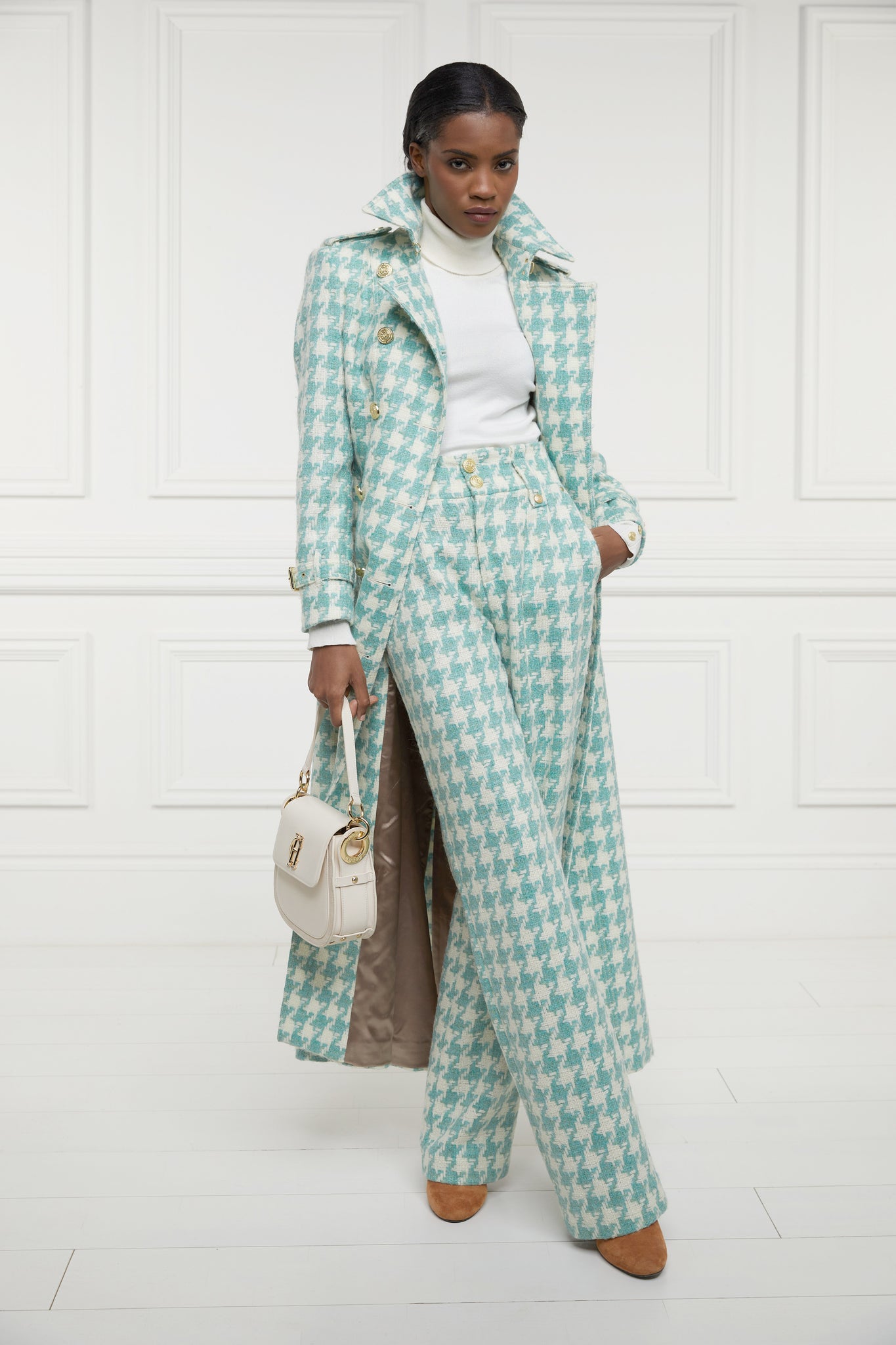 High Waisted Straight Trouser (Large Scale Teal Houndstooth)