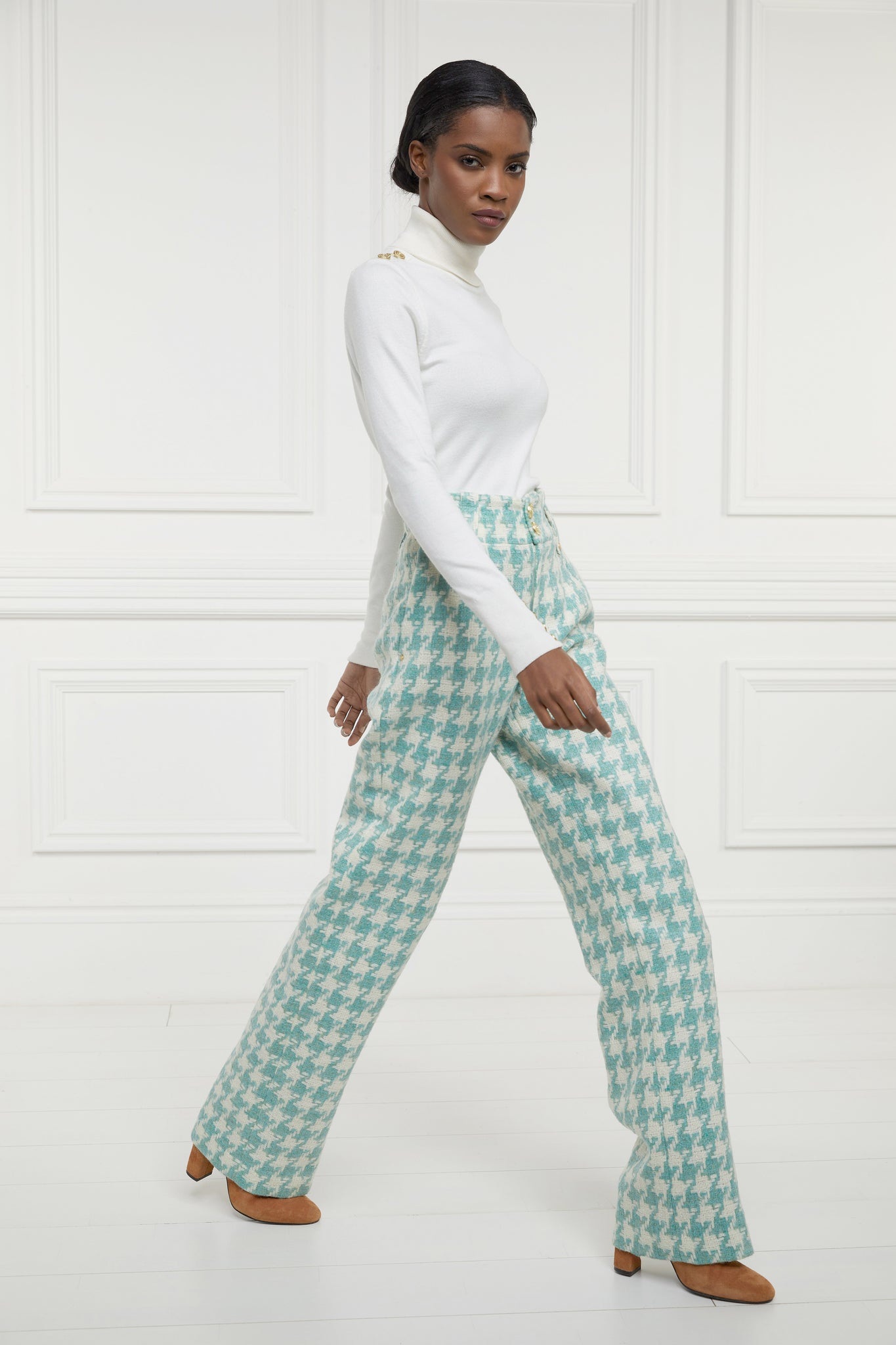 High Waisted Straight Trouser (Large Scale Teal Houndstooth)