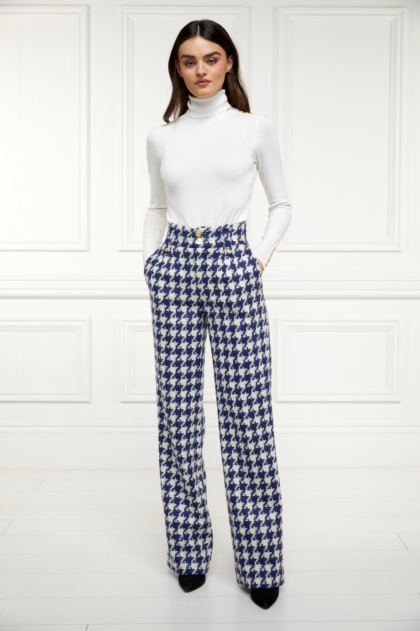 High Waisted Straight Trouser (Large Scale Navy Houndstooth)