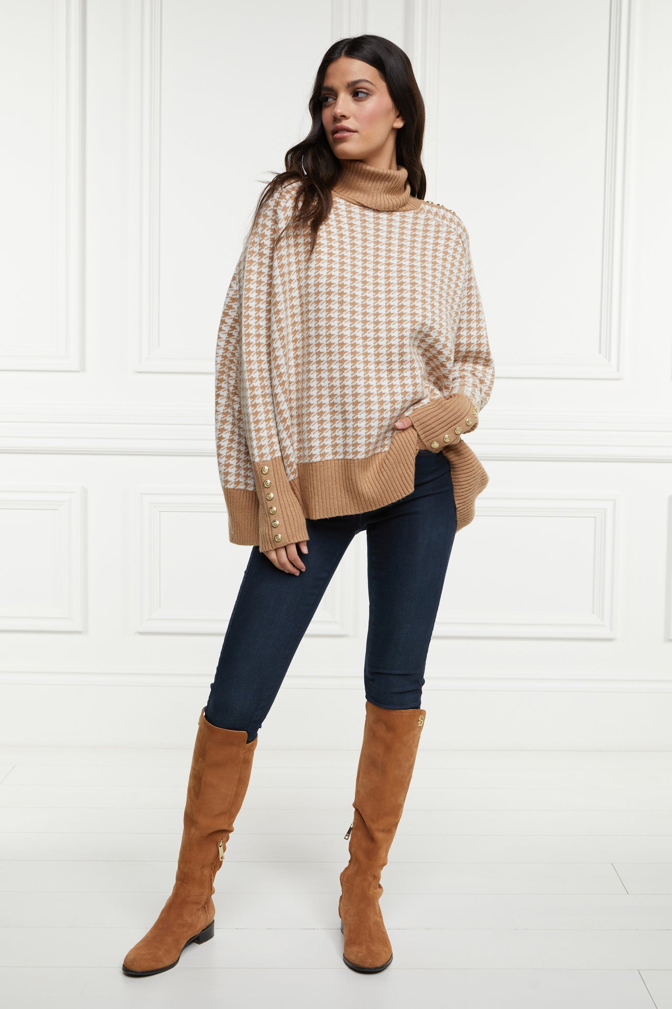 Kingsbury Cape Knit (Camel Houndstooth)