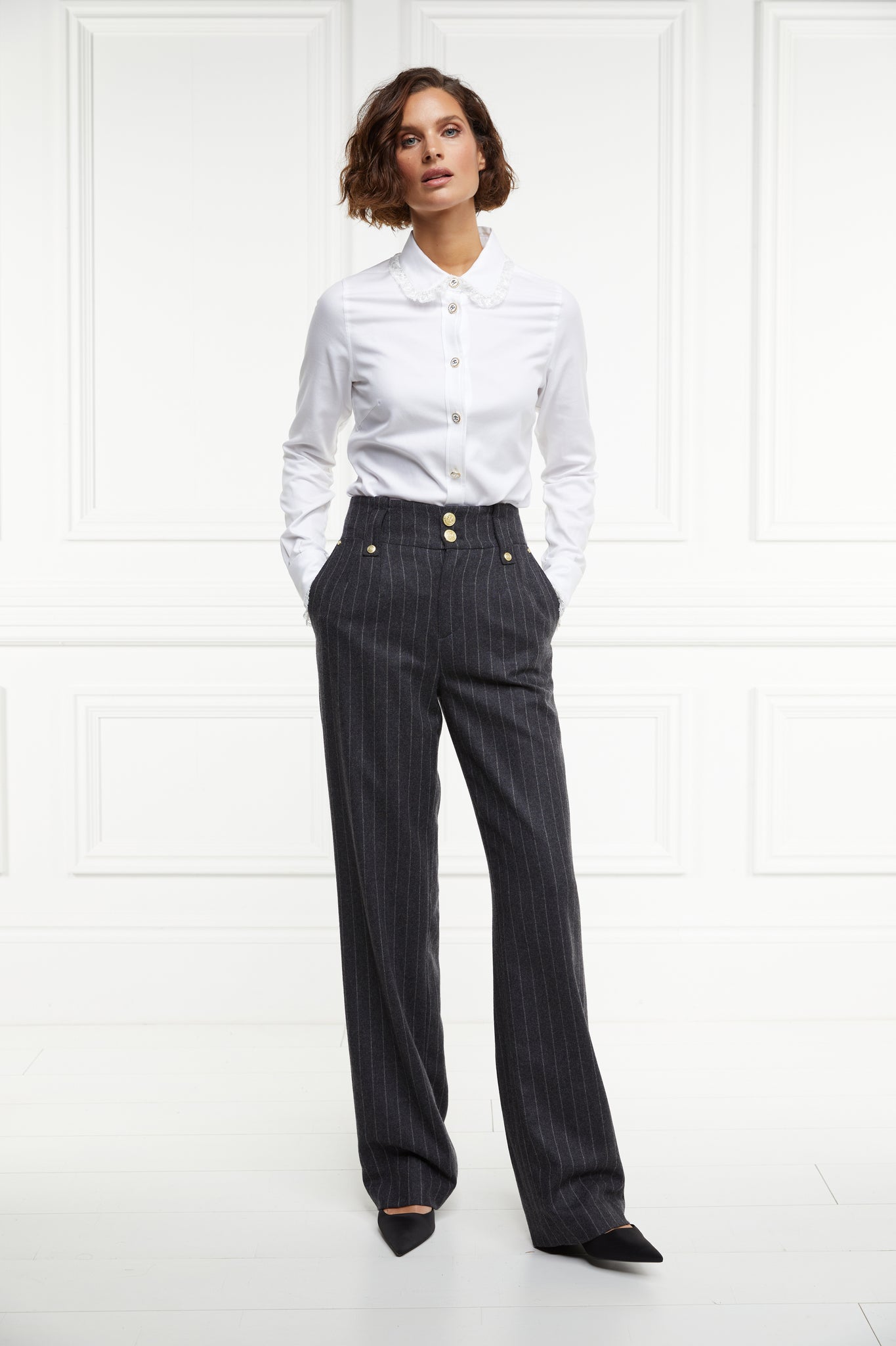 High Waisted Straight Trouser (Charcoal Pinstripe)