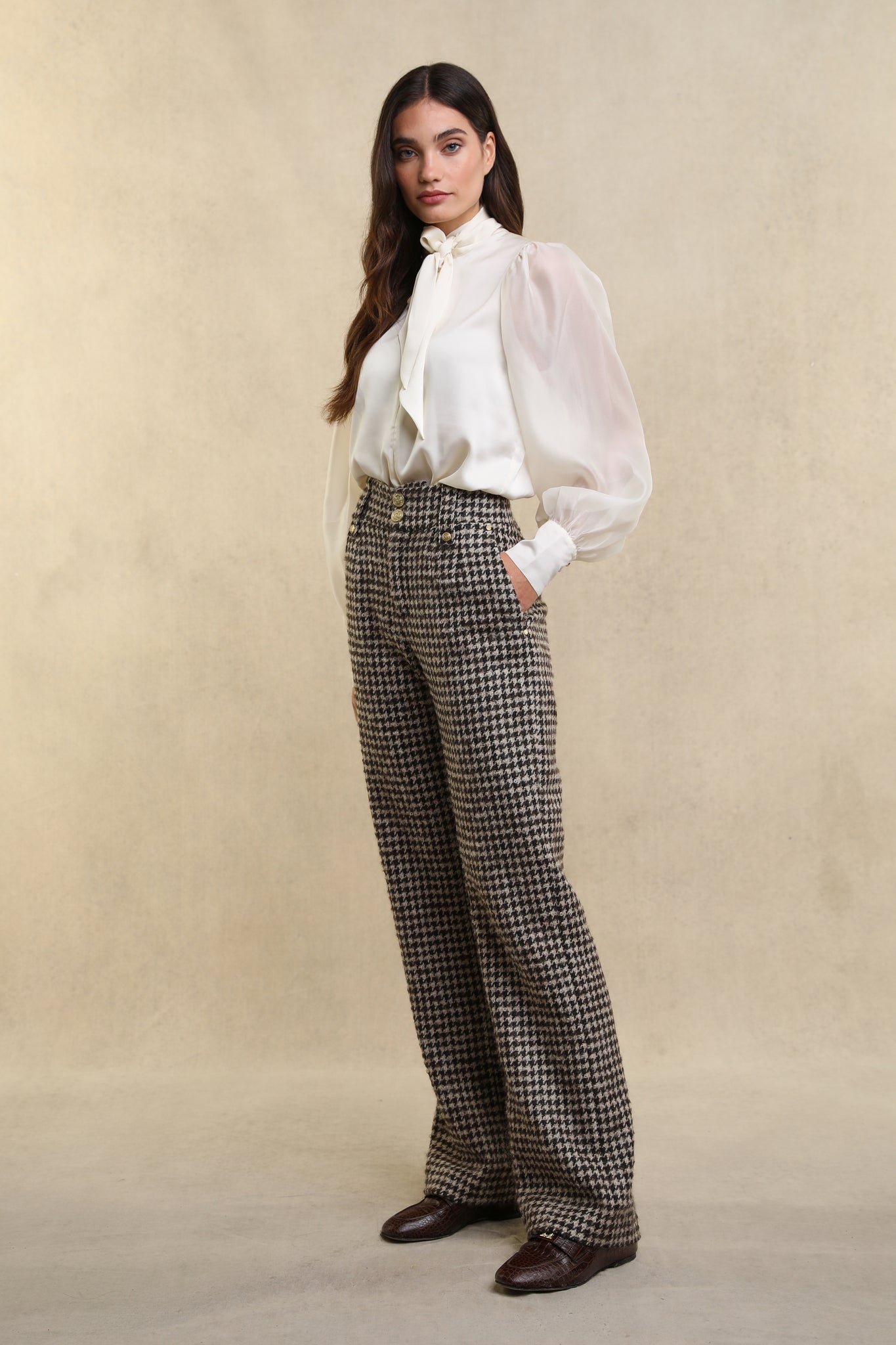 High Waisted Straight Trouser (Coffee Houndstooth)