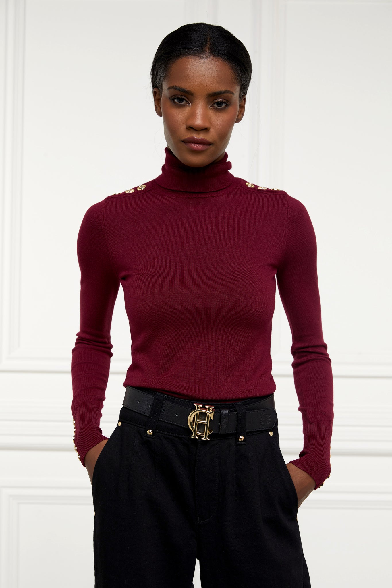 Buttoned Knit Roll Neck (Wine)