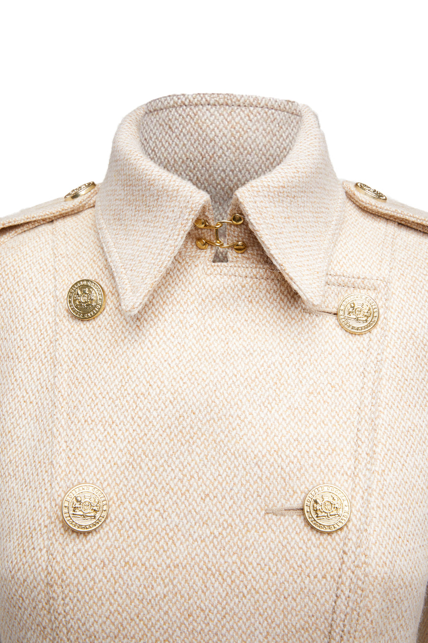 collar detail of womens camel and cream weave wool double breasted full length trench coat