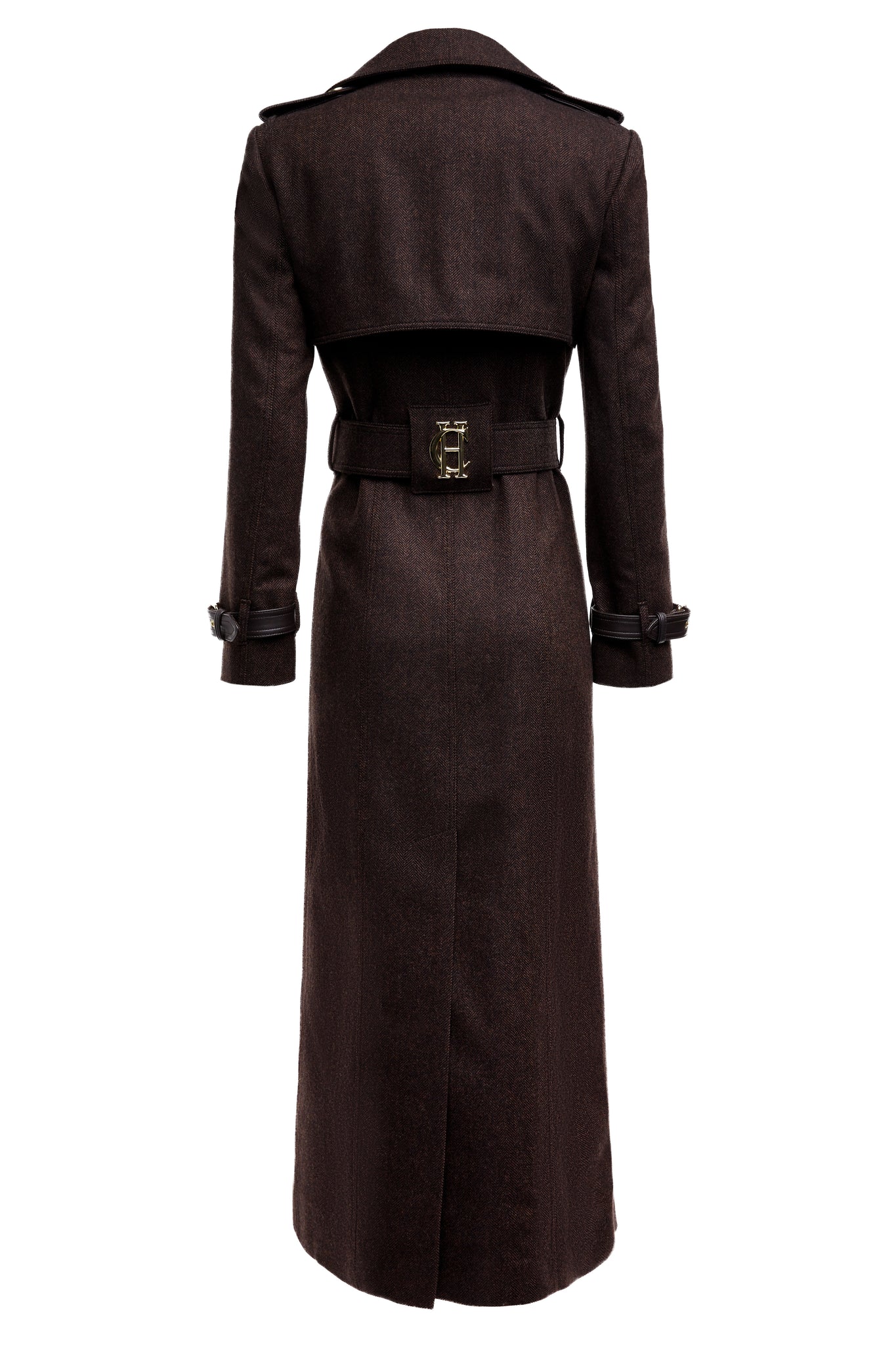 back of womens brown herringbone wool double breasted full length trench coat