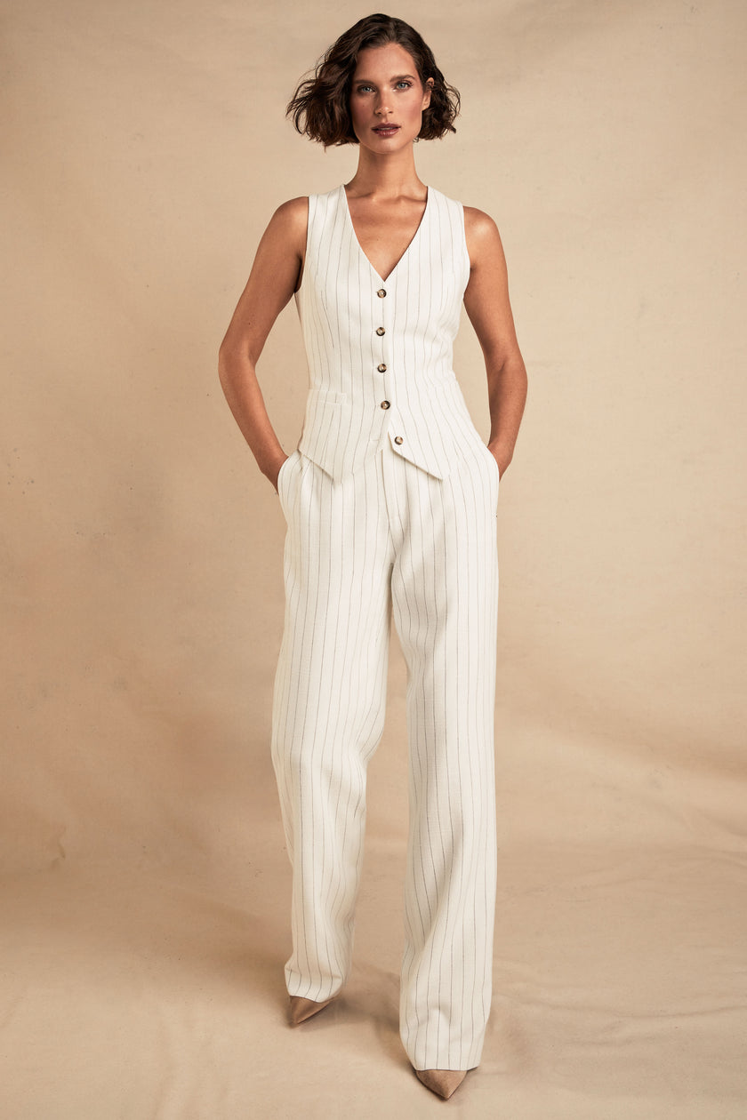 High Waisted Straight Trouser (Oyster Linen Pinstripe)