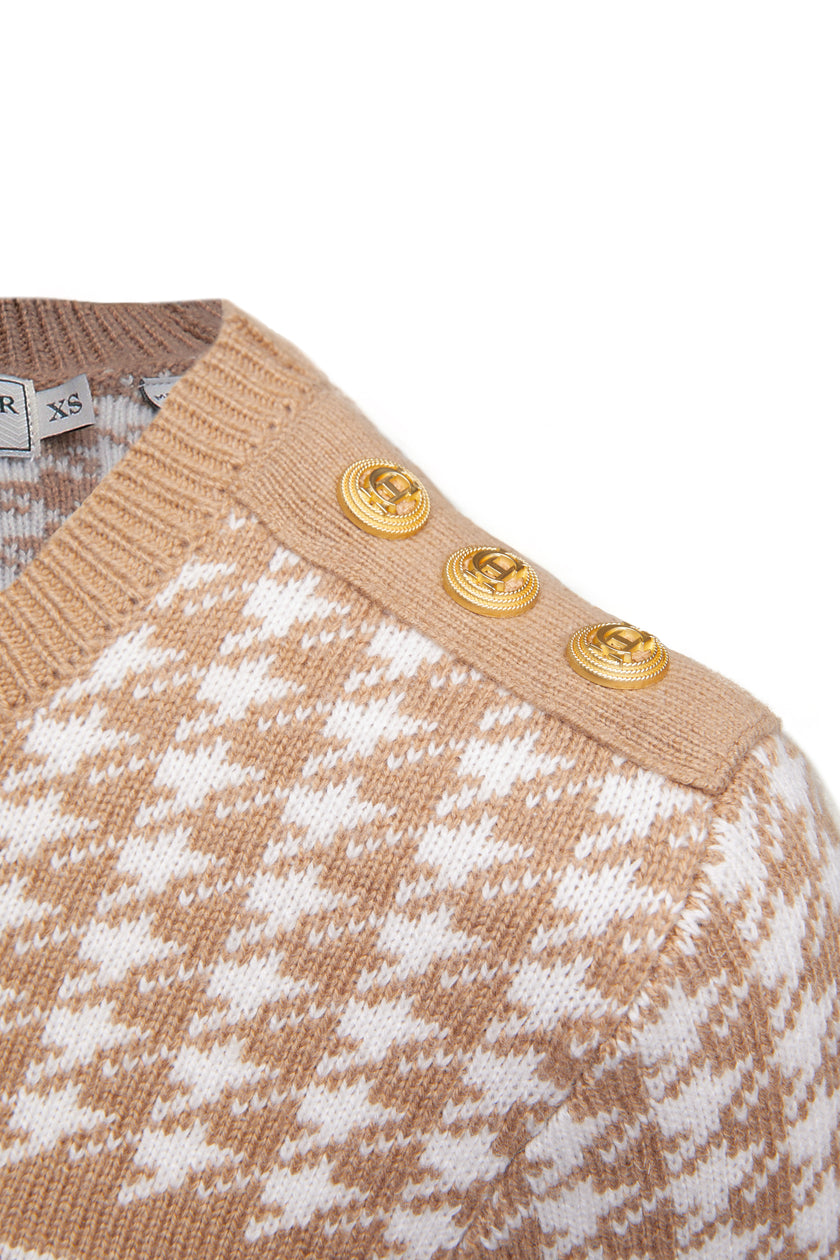 Panel Crew Neck Knit (Camel Houndstooth)