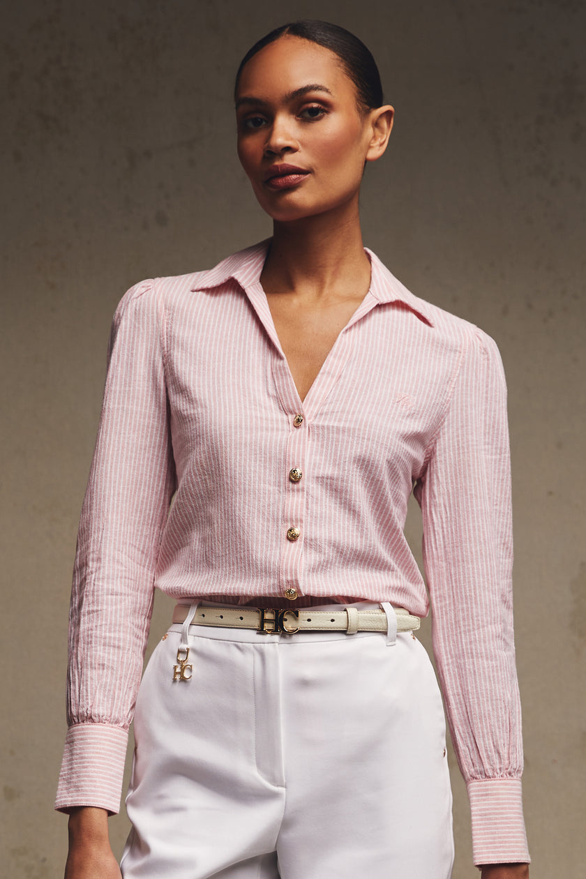 Classic V-Neck Blouse (Pink Stripe)