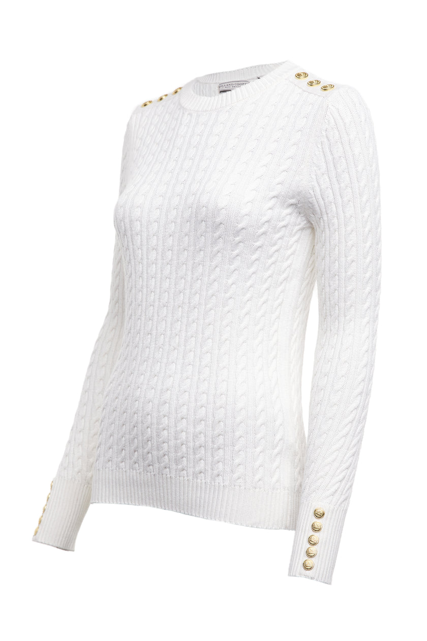 womens cable knit jumper in white with ribbed crew neck cuffs and hem