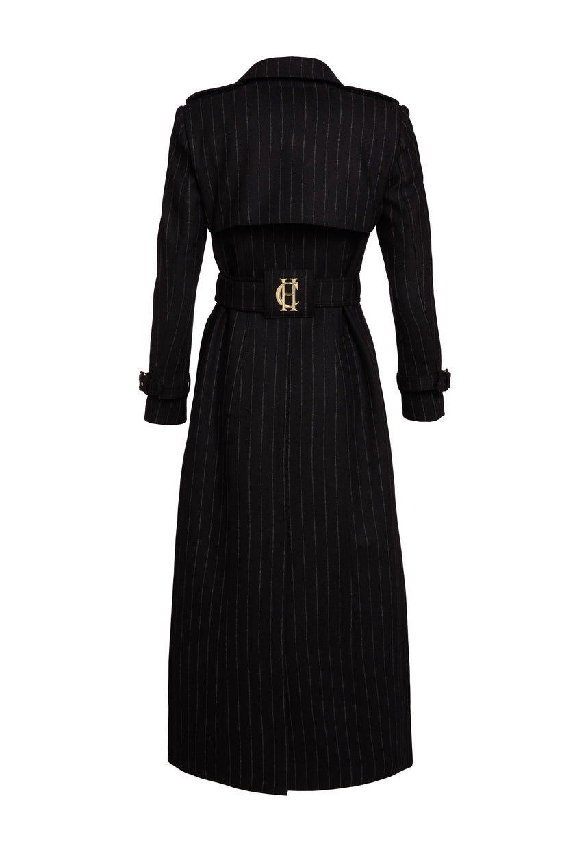 Full Length Marlborough Trench Coat (Black Pinstripe)