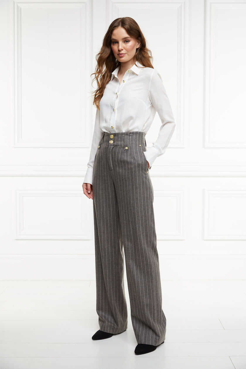 High Waisted Straight Trouser (Soft Grey Pinstripe)