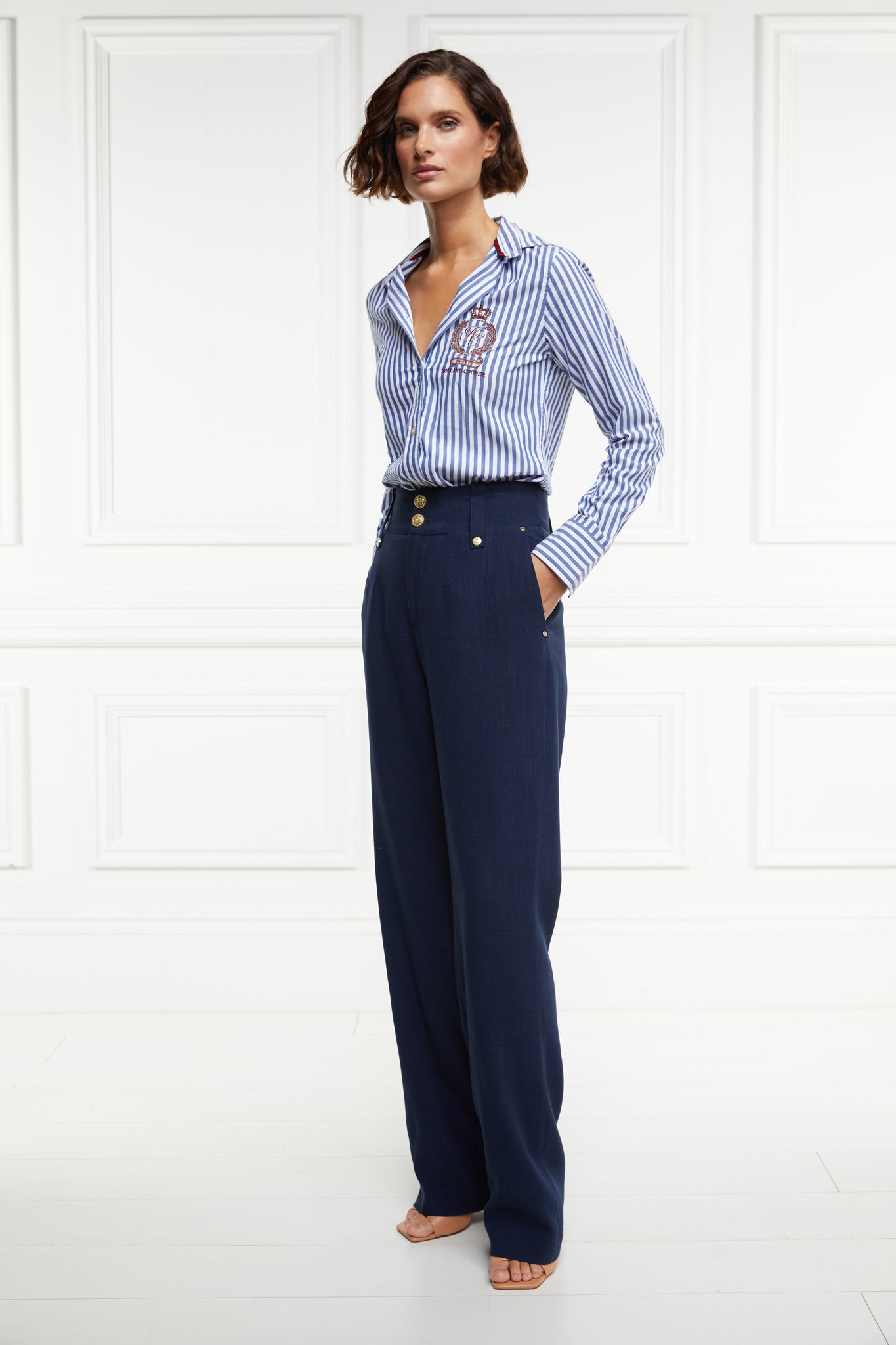 High Waisted Straight Trouser (Navy Linen)