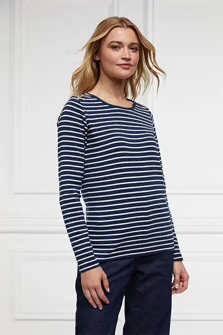 Padstow Long Sleeve Crew Neck Tee (Ink Navy Natural Stripe)